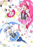  &gt;_&lt; 2girls :d aino_megumi blue_eyes blue_hair blue_legwear blue_skirt boots crown cure_lovely cure_princess double_v earrings eyelashes hair_ornament happinesscharge_precure! happy heart heart_hair_ornament high_heels jewelry long_hair looking_at_viewer magical_girl multiple_girls niyang53 open_mouth pink_eyes pink_hair pink_skirt ponytail precure puffy_sleeves ribbon_(happinesscharge_precure!) shirayuki_hime shirt skirt smile thigh_boots thighhighs thighs twintails v wrist_cuffs 