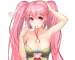  1girl adjusting_hair armpits blush breasts cleavage long_hair mouth_hold pink_eyes pink_hair simple_background smile solo soratobuiltusa twintails white_background 