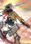  1girl boots cable creayus cropped_jacket dual_wielding knee_boots mikasa_ackerman red_scarf rough scarf shingeki_no_kyojin solo sword three-dimensional_maneuver_gear weapon 