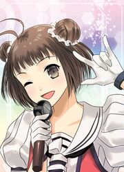  1girl ;p ahoge blush brown_eyes brown_hair double_bun eko gloves idol kantai_collection microphone naka_(kantai_collection) open_mouth personification short_hair smile solo tongue white_gloves wink 