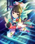  1girl artist_request black_hair forehead_protector green_eyes hair_bun hamaguchi_ayame idolmaster idolmaster_cinderella_girls official_art solo sun_(symbol) 