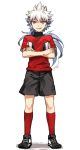  1boy crossed_arms grin hakuryuu_(inazuma_eleven) inazuma_eleven_(series) inazuma_eleven_go inazuma_eleven_go_galaxy jaenbba long_hair looking_at_viewer male multicolored_hair ponytail red_eyes resistance_japan signature smile soccer_uniform solo standing two-tone_hair white_background 