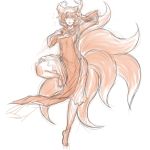  1girl barefoot dress fox_tail hat hat_with_ears highres kuro_suto_sukii long_sleeves multiple_tails rough simple_background solo standing_on_one_leg tabard tail touhou white_background wide_sleeves yakumo_ran 