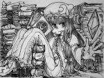  1girl alex_ahad book book_stack bow capelet crescent greyscale hair_bow hat long_dress long_hair marker_(medium) monochrome patchouli_knowledge reading sitting solo too_many_books touhou traditional_media 