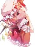  1girl backlighting blonde_hair dress fang flandre_scarlet hat hat_ribbon looking_at_viewer looking_back mob_cap open_mouth opopowa puffy_sleeves red_dress red_eyes ribbon shirt short_sleeves solo touhou wings 