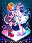  2girls belt black_eyes black_hair blue_background boots bow brown_eyes brown_hair cure_black cure_white fingerless_gloves frills futari_wa_precure gloves hair_bow heart holding_hands knee_boots leg_warmers long_hair magical_girl misumi_nagisa multiple_girls precure ribbon short_hair smile star yk yukishiro_honoka 