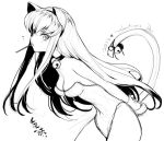  animal_ears arms_behind_back bell bell_collar bunnysuit c.c. cat_ears cat_tail code_geass collar creayus food_in_mouth kemonomimi_mode long_hair monochrome mouth_hold pocky solo tail tail_bell 