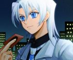  1boy blue_eyes blue_hair card edo_phoenix kbgt male necktie smile solo yuu-gi-ou yuu-gi-ou_gx 