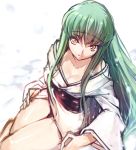  1girl bare_legs breasts c.c. cleavage code_geass creayus down_blouse green_hair japanese_clothes kimono long_hair sash solo yellow_eyes 