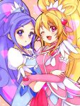  2girls aida_mana arm_warmers asymmetrical_clothes blonde_hair blue_dress blue_eyes blue_hair choker cure_diamond cure_heart curly_hair detached_sleeves dokidoki!_precure dress earrings eyelashes hair_flip hair_ornament half_updo happy heart heart_hair_ornament hishikawa_rikka jewelry long_hair looking_at_viewer magical_girl multiple-girls multiple_girls open_mouth pink_dress pink_eyes ponytail precure puffy_sleeves sikuhima smile wink 