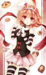  1girl animal_ears arm_warmers character_request copyright_request detached_sleeves eyelashes harapekopikachu looking_at_viewer microphone navel open_mouth pink_skirt rabbit_ears red_eyes redhead ribbon short_hair skirt socks solo striped striped_legwear thighhighs thighs 