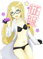  1girl armband black_bra black_gloves black_panties blonde_hair blue_eyes bra glasses gloves half_gloves highres kurukuru labcoat long_hair long_sleeves lowleg lowleg_panties natasha_(sekai_seifuku) navel open_mouth panties sekai_seifuku:_bouryaku_no_zvezda smile teeth underwear white_background 