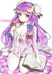  1girl alternate_costume alternate_hairstyle blush book breasts bun_cover cleavage crescent_hair_ornament cup double_bun hair_ornament long_hair looking_at_viewer mugicha0929 patchouli_knowledge purple_hair sample solo tea teacup thighhighs touhou traditional_media violet_eyes watercolor_(medium) 
