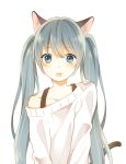  1girl animal_ears aqua_eyes cat_ears cat_tail green_hair hatsune_miku long_hair off_shoulder open_mouth otototo simple_background solo tail twintails vocaloid white_background 
