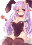  1girl alternate_costume animal_ears bare_shoulders black_legwear blush bow bowtie breasts bunnysuit choker cleavage crescent_hair_ornament hair_bow hair_ornament paragasu_(parags112) patchouli_knowledge purple_hair rabbit_ears rough solo star thighhighs touhou violet_eyes 