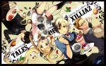  1girl 3boys animal_ears apron black_border black_hair black_legwear blonde_hair brown_hair cat cat_ears character_name copyright_name elle_mel_martha food fork fruit glasses gloves green_eyes heterochromia highres julius_will_kresnik kemonomimi_mode kneehighs long_hair ludger_will_kresnik lulu_(tales) macaron meat miyu_(matsunohara) multiple_boys parfait plate raspberry red_eyes skirt smile strawberry tales_of_(series) tales_of_xillia tales_of_xillia_2 tomato tray twintails upside-down victor_(tales) 