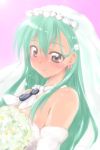  1girl aqua_hair bare_shoulders blush bouquet breasts bridal_veil bride dress earrings elbow_gloves flower gloves hair_ornament hairclip jewelry kantai_collection long_hair looking_at_viewer mikagami_sou personification smile solo suzuya_(kantai_collection) veil wedding_dress 
