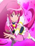  1girl aino_megumi arm_warmers boots cure_lovely earrings eyelashes hair_ornament happinesscharge_precure! happy heart high_heels jewelry long_hair looking_at_viewer magical_girl pink pink_background pink_eyes pink_hair pink_skirt ponytail precure puffy_sleeves ribbon shirt skirt smile solo thigh_boots thighhighs tj-type1 white_legwear wrist_cuffs 