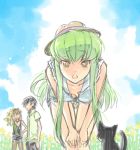  1girl 2boys black_cat c.c. casual cat character_request code_geass creayus flower green_hair hands_on_knees hat kururugi_suzaku leaning_forward lelouch_lamperouge multiple_boys summer sunflower yellow_eyes 