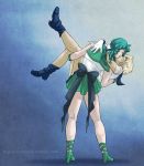  2girls bishoujo_senshi_sailor_moon blonde_hair carrying chronomorphosis closed_eyes gloves green_hair kaiou_michiru kiss magical_girl multiple_girls pale_skin princess_carry sailor_neptune sailor_uranus skirt ten&#039;ou_haruka tiara watermark web_address white_gloves yuri 