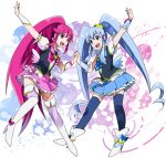  2girls aino_megumi blue_eyes blue_hair blue_legwear blue_skirt boots cure_lovely cure_princess earrings eyelashes hair_ornament happinesscharge_precure! happy harukawa heart high_heels jewelry long_hair looking_at_viewer magical_girl multiple_girls open_mouth pink_eyes pink_hair pink_skirt ponytail precure puffy_sleeves shirayuki_hime shirt skirt smile thigh_boots thighhighs thighs twintails wrist_cuffs zettai_ryouiki 