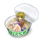  1girl arm_warmers blonde_hair blush food green_eyes in_container in_food looking_at_viewer mizuhashi_parsee monrooru mouth_hold partially_submerged ponytail ramen short_hair sitting solo touhou 