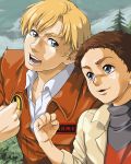  2boys alfred_izuruha bernard_wiseman black_hair blonde_hair blue_eyes bomber_jacket child green_eyes gundam gundam_0080 hijirino_yuuta multiple_boys 