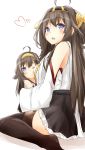  2girls absurdres ahoge bare_shoulders black_legwear blue_eyes brown_hair commentary_request hairband heart highres if_they_mated kantai_collection kongou_(kantai_collection) long_hair looking_at_viewer mother_and_daughter multiple_girls nontraditional_miko personification saku_(kudrove) sitting skirt thighhighs wariza wink 