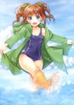  1girl :d absurdres blue_eyes blush boots brown_hair coat frog hair_ornament highres idolmaster jacket_over_swimsuit k.y_ko kicking one-piece_swimsuit open_mouth rubber_boots school_swimsuit sky smile solo splashing swimsuit takatsuki_yayoi twintails wading water 