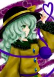  1girl adjusting_clothes adjusting_hat collar curly_hair dress eyeball eyelashes frilled_collar frilled_dress frilled_sleeves frills green_eyes green_hair hand_on_headwear hat hat_ribbon heart heart_of_string highres komeiji_koishi long_sleeves morino_hukurou open_mouth ribbon solo third_eye touhou 