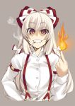  amanooni_touri bad_id bow bust cigarette evil_grin fire fujiwara_no_mokou grin hair_bow hair_ribbon long_hair red_eyes ribbon silver_hair simple_background smile smoking solo suspenders ten_oni_touri touhou white_hair 