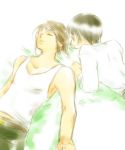   2boys axis_powers_hetalia belt black_hair brown_eyes brown_hair closed_eyes grass greece_(hetalia) green_pants japan_(hetalia) shounen_ai sleep sleeping tank tank_top white_shirt  