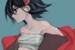  alternate_hairstyle annoyed bare_shoulders black_eyes black_hair bow hair_bow hair_ornament hakurei_reimu profile sarashi short_hair solo tima touhou undressing 