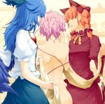  animal_ears back bare_back blue_hair braid cat_ears cat_tail extra_ears hair_ribbon hands kaenbyou_rin komeiji_satori long_hair messy_hair multiple_tails nude orange_hair pink_hair reiuji_utsuho ribbon sakuraba_yuuki short_hair tail touhou twin_braids twintails undressing wings 