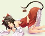  animal_ears bloomers bow box brown_hair cat_ears cat_tail detached_sleeves donation_box hakurei_reimu japanese_clothes kemonomimi_mode miko red_eyes ribbon short_hair solo tadokoro_teppei tail tail_hold touhou 