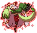  alternate_costume bad_id bow carrying ex-keine ex_keine fujiwara_no_mokou green_hair hair_bow hair_ribbon horns kamishirasawa_keine long_hair multiple_girls princess_carry red_eyes ribbon silver_hair suspenders tail touhou yaza 