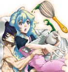  1boy 1girl apron blue_hair bowl closed_eyes couple food highres hug jewelry junsaaaan multicolored_hair muscle nia_teppelin ring shirtless simon surprise surprised tengen_toppa_gurren_lagann 