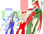  blonde_hair blue_eyes blue_hair bow braid china_dress chinadress chinese_clothes cirno fighting_stance flandre_scarlet hair_bow hat hong_meiling long_hair niwatazumi ponytail red_eyes red_hair redhead short_hair side_ponytail touhou twin_braids wings 