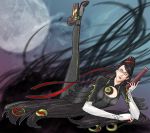  bayonetta bayonetta_(character) black_hair bodysuit cleavage_cutout glasses gun heels high_heels long_hair marow red_ribbon ribbon very_long_hair 