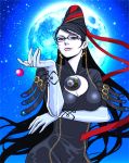  bayonetta_(character) black_hair bodysuit candy full_moon glasses hands lips lollipop long_hair mole moon rachel_(artist) solo 
