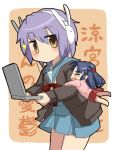  ariori_haberi arm_hug asakura_ryouko bad_id blush brown_eyes cardigan chibi closed_eyes computer grey_hair headphones laptop minigirl nagato_yuki no_mouth rabbit_headphones school_uniform short_hair suzumiya_haruhi-chan_no_yuuutsu suzumiya_haruhi_no_yuuutsu tears 