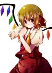  blonde_hair cosplay flandre_scarlet flandre_scarlet_(cosplay) hair_ribbon hakurei_reimu_(cosplay) hat hat_removed headwear_removed japanese_clothes miko necktie rairateru red_eyes ribbon rumia short_hair short_sleeves solo touhou wings 
