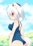  1girl ass breasts eyebrows_visible_through_hair hat inubashiri_momiji medium_breasts one-piece_swimsuit red_eyes school_swimsuit short_hair silver_hair solo swimsuit tail toba_hiyoko tokin_hat touhou wolf_ears wolf_tail 