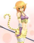  breath_of_fire breath_of_fire_ii cat_ears cat_tail gloves green_eyes highres katt midriff orange_hair rinpoo_chuan sato_toshiya short_hair staff tail 