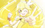  1girl blonde_hair choker cure_peace dress earrings h-new hair_ornament happy heart highres jewelry kise_yayoi long_hair looking_at_viewer magical_girl open_mouth ponytail precure simple_background skirt smile smile_precure! solo tiara v white_background wink wrist_cuffs yellow_dress yellow_eyes 