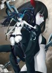  black_hair black_rock_shooter black_rock_shooter_(character) blue_eyes blue_hair boots chain chains coat glowing glowing_eyes hands horns katana legs long_hair oni-noboru pale_skin red_eyes scar sword twintails uneven_twintails unzipped weapon 