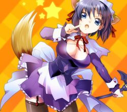  airspace animal_ears apron bad_id blue_eyes bow breasts cleavage face fox_ears highres kokubunji_koyori nurse_witch_komugi-chan open_mouth ribbon solo star tail thigh-highs thighhighs zettai_ryouiki 