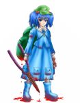  backpack bag blood blue_eyes blue_hair crazy five-seven hair_bobbles hair_ornament hat hedge_trimmer kawashiro_nitori key short_hair solo touhou twintails wrench 