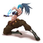  bare_shoulders blue_hair boots hair_over_one_eye king_of_fighters leona_heidern midriff risdead snk solo 