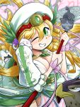  1girl animal bird blonde_hair breasts cat cleavage dress eagle freyja_(p&amp;d) green_eyes grin hat holding jewelry large_breasts long_hair necklace one_eye_closed puffy_short_sleeves puffy_sleeves puzzle_&amp;_dragons short_sleeves smile solo staff tokkyuu_mikan 